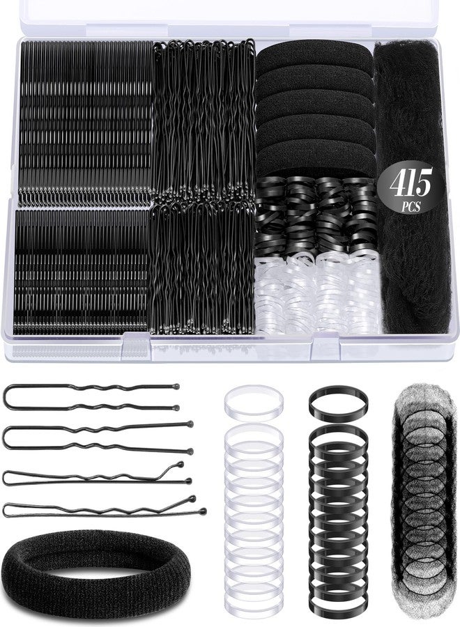 IKOCO 415pcs Bobby Pins Hair Pins Set, IKOCO 200pcs U Shaped Pins & Elastic Hair Ties for Women with Hair Net, Black - Image 1
